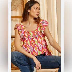 Savanna Jane NWT Pink Diamond Print Ruffle Sleeve Top Size 3X